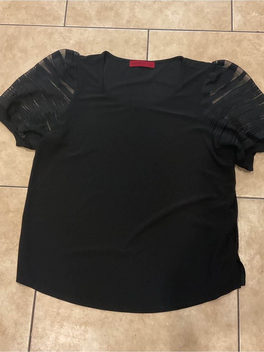Black Women's Romantic Short Sleeve Top with Sheer Stripe Sleeves